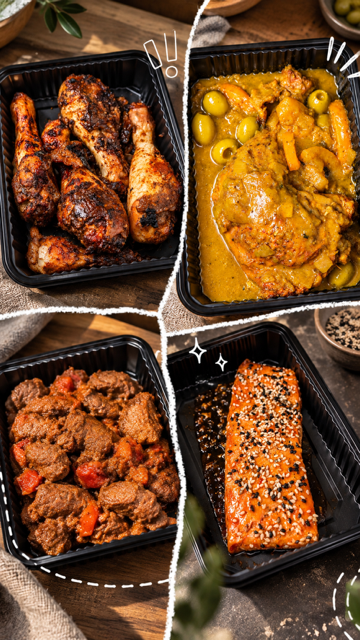 Quatre plats TAAM en barquettes : pilons de poulet, tajine aux olives, mijoté de bœuf et saumon laqué